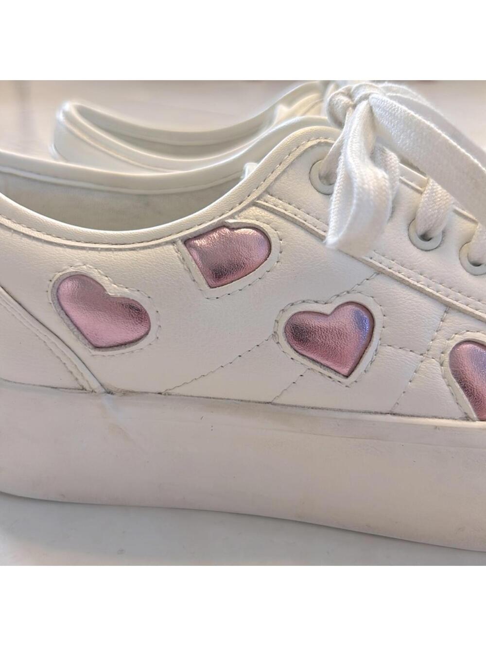 Sincerely Jules Pink Foil Heart White Platform Sneakers | Women’s Size 8
